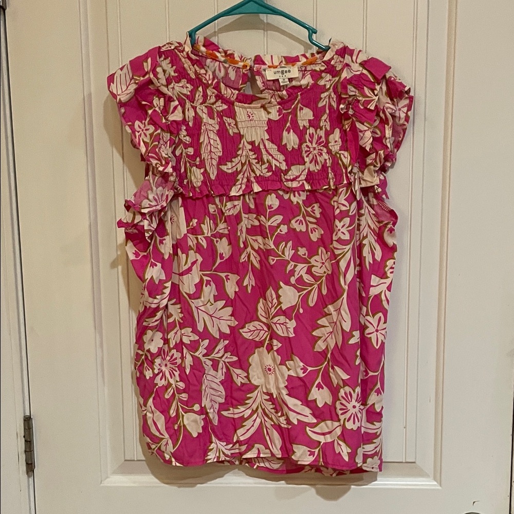Umgee Fuchsia Floral Ruffle Sleeve Blouse
